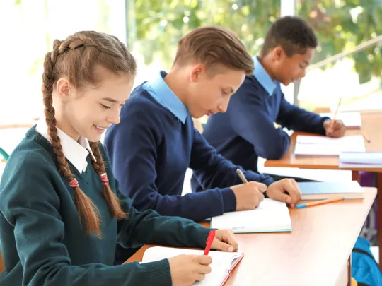 Mixed group of students making notes in a workbook sat at a desk.