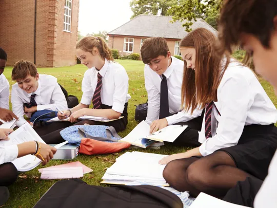 A group of students sat outside in a school field.