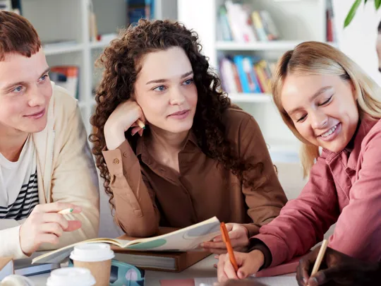 A mixed group of students discussing amongst themselves.